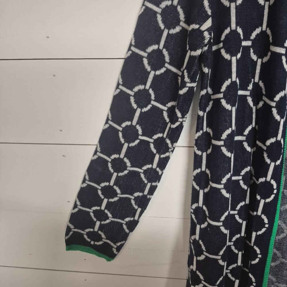 C by Bloomingdales Navy & White Chain Pattern Open Front Cardigan With Green Tri - Picture 4 of 7